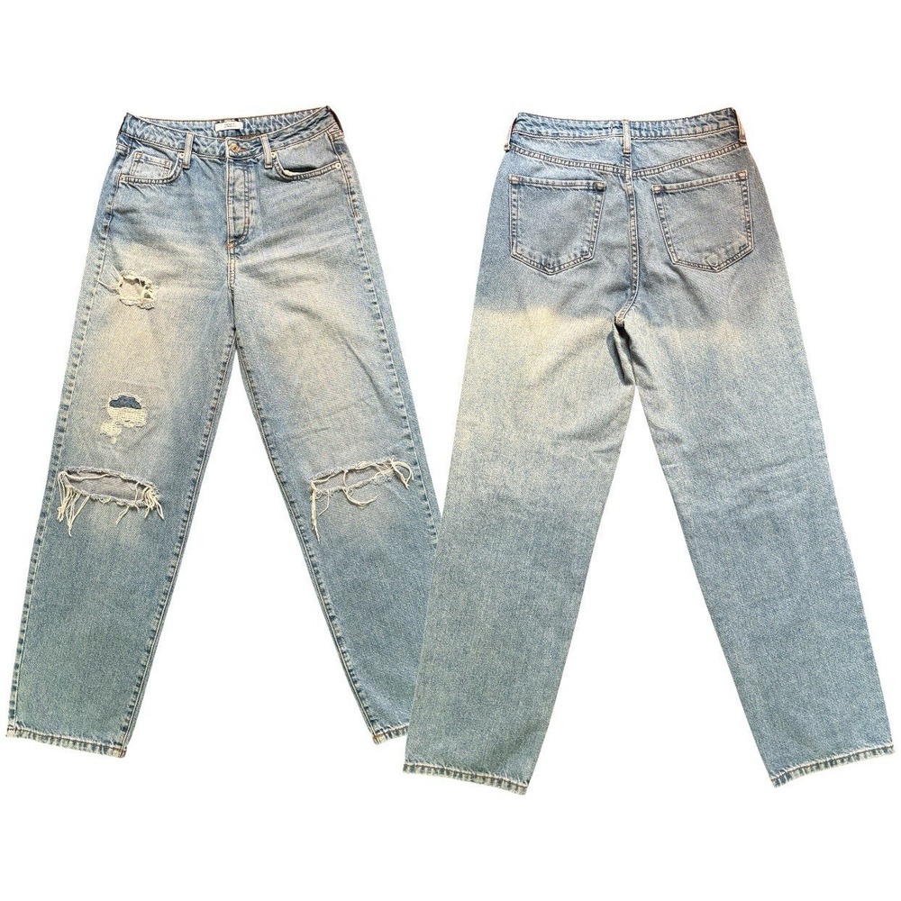 Forever 21 Women's Light Wash Distressed Straight High Rise Jeans, Blue Denim